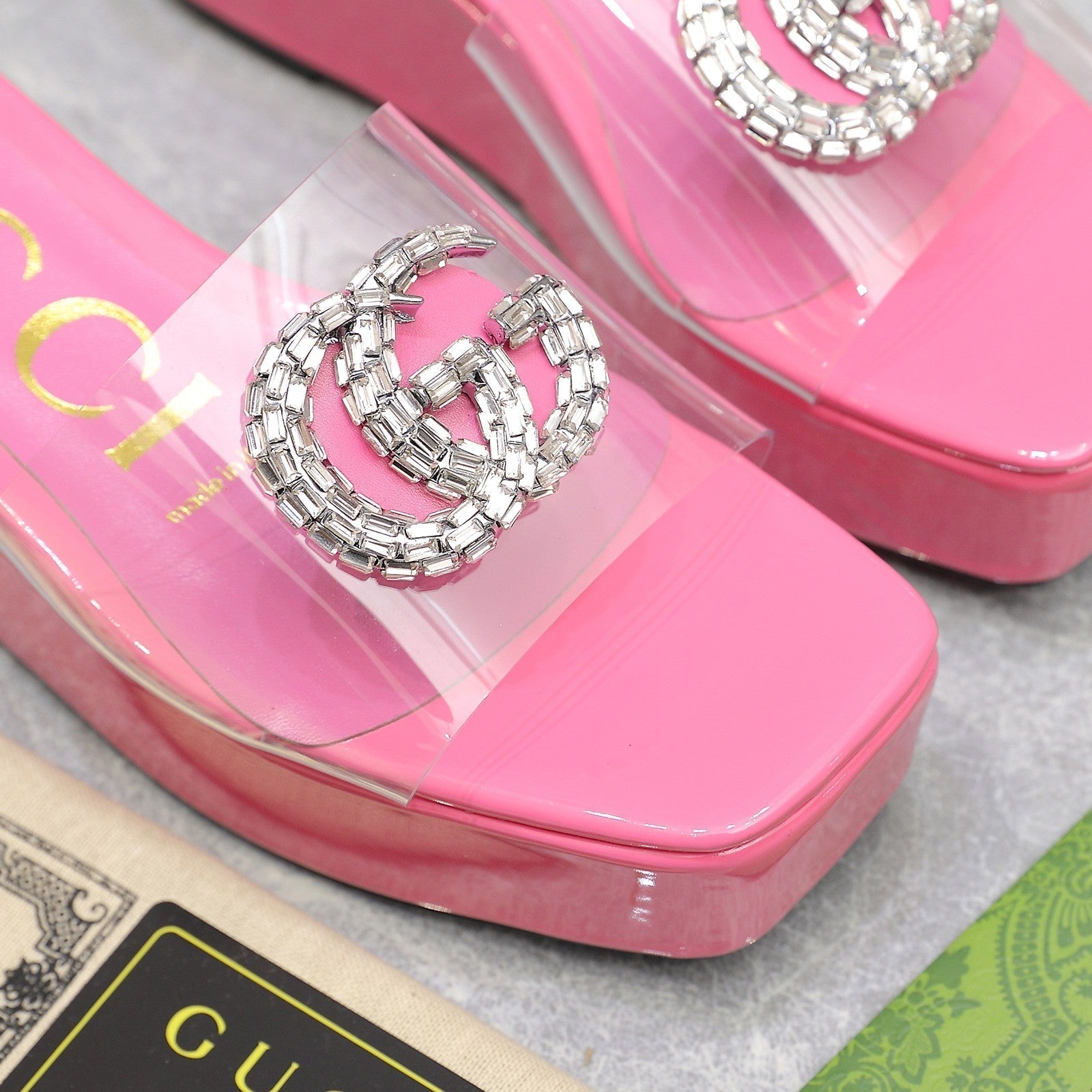 GUCCI HIGH WEDGE PLATFORM WITH DOUBLE G IN PINK GLOSSY CALFSKIN