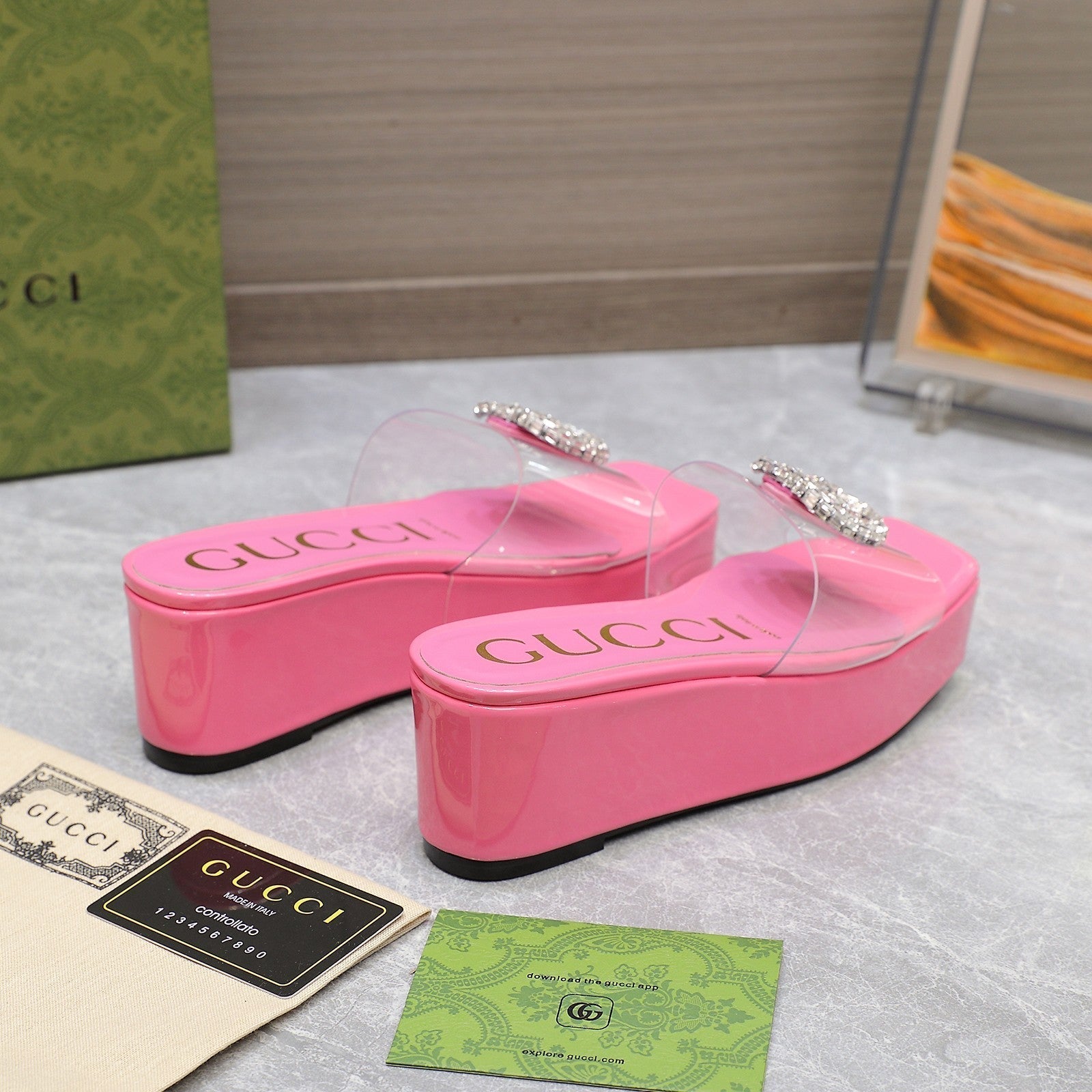 GUCCI HIGH WEDGE PLATFORM WITH DOUBLE G IN PINK GLOSSY CALFSKIN