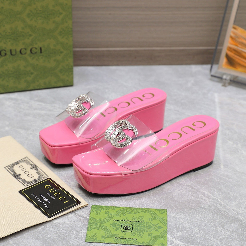 GUCCI HIGH WEDGE PLATFORM WITH DOUBLE G IN PINK GLOSSY CALFSKIN