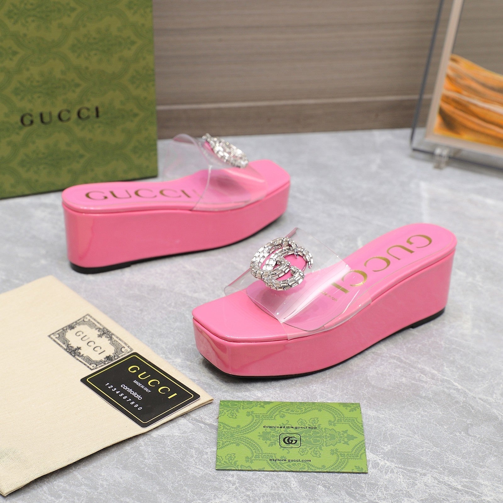 GUCCI HIGH WEDGE PLATFORM WITH DOUBLE G IN PINK GLOSSY CALFSKIN