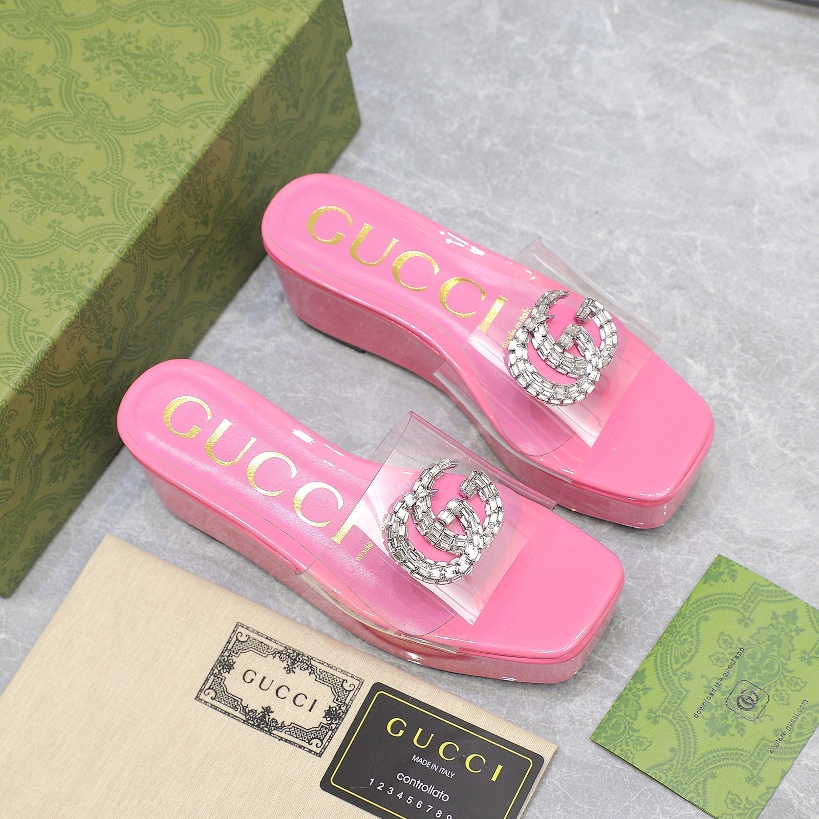 GUCCI HIGH WEDGE PLATFORM WITH DOUBLE G IN PINK GLOSSY CALFSKIN