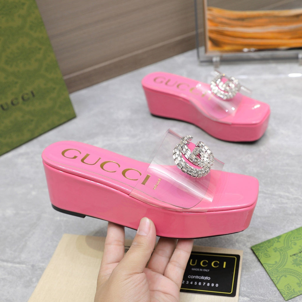 GUCCI HIGH WEDGE PLATFORM WITH DOUBLE G IN PINK GLOSSY CALFSKIN