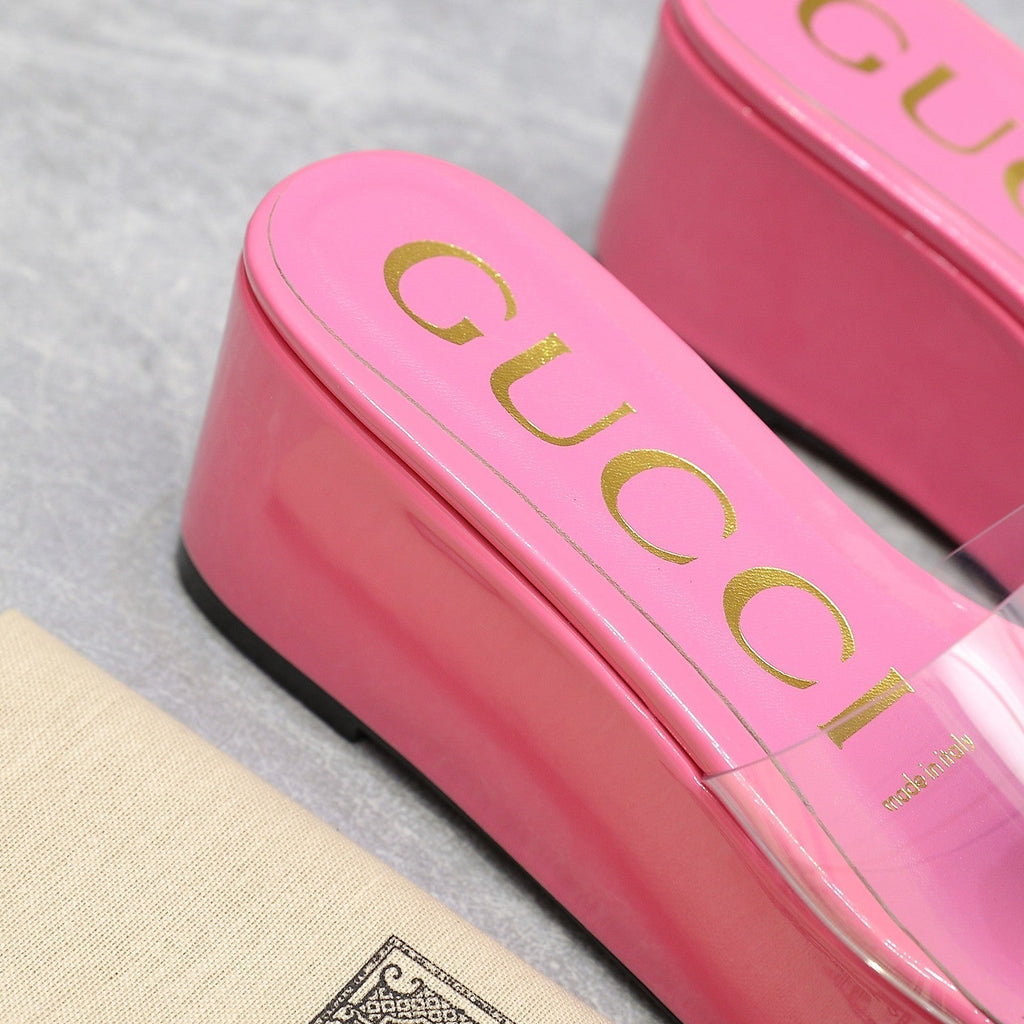 GUCCI HIGH WEDGE PLATFORM WITH DOUBLE G IN PINK GLOSSY CALFSKIN