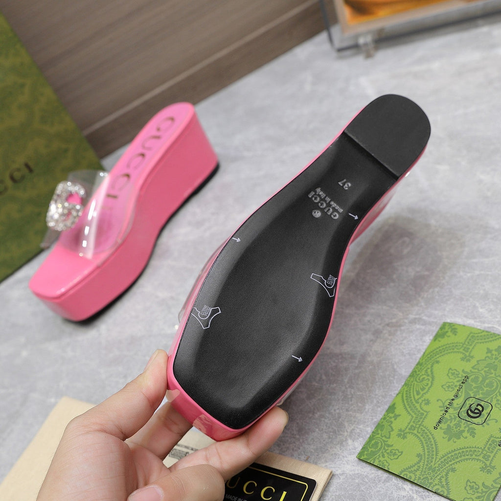 GUCCI HIGH WEDGE PLATFORM WITH DOUBLE G IN PINK GLOSSY CALFSKIN