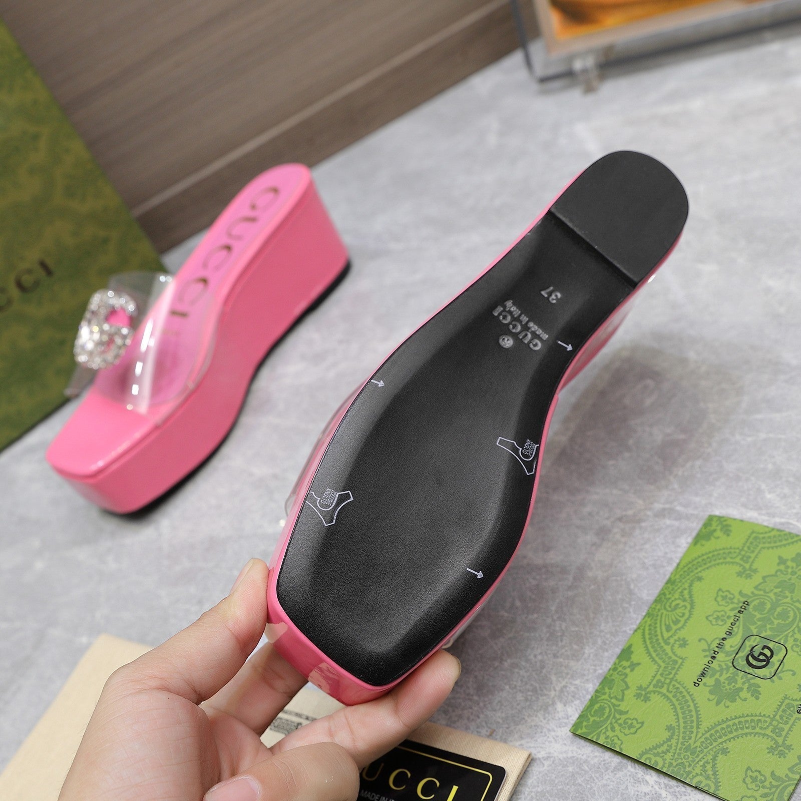 GUCCI HIGH WEDGE PLATFORM WITH DOUBLE G IN PINK GLOSSY CALFSKIN