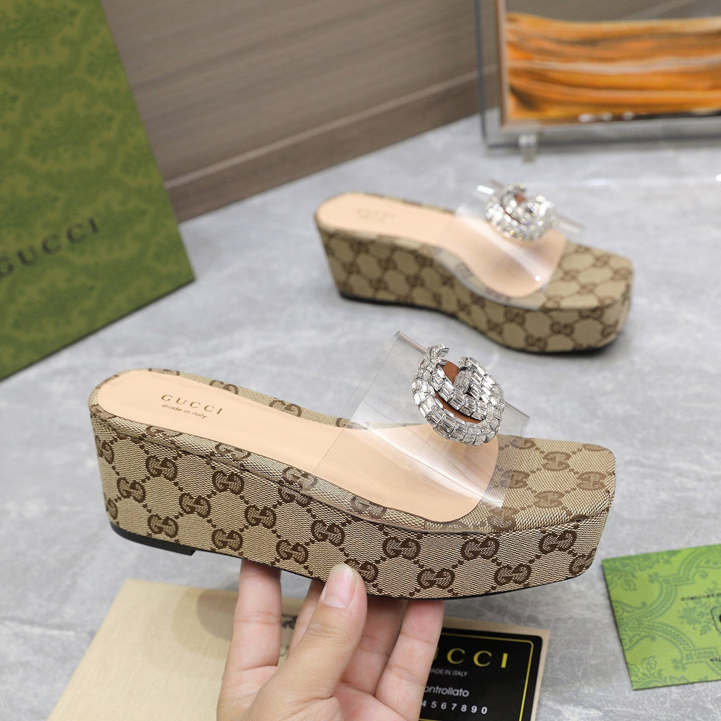 GUCCI HIGH WEDGE PLATFORM IN CAMEL BEIGE CANVAS WITH DOUBLE CRYSTAL G BUCKLE