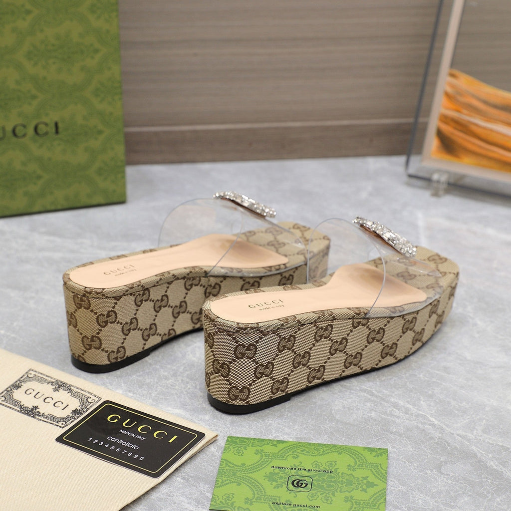 GUCCI HIGH WEDGE PLATFORM IN CAMEL BEIGE CANVAS WITH DOUBLE CRYSTAL G BUCKLE