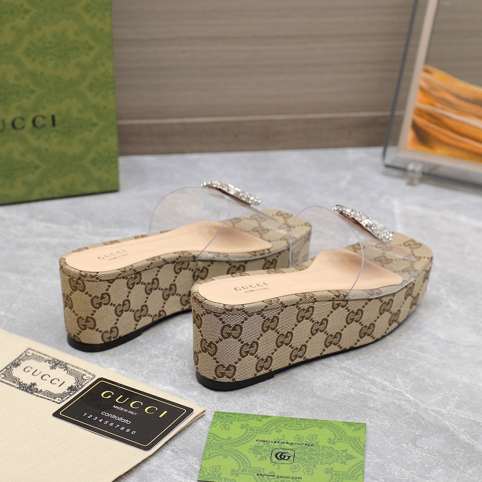 GUCCI HIGH WEDGE PLATFORM IN CAMEL BEIGE CANVAS WITH DOUBLE CRYSTAL G BUCKLE