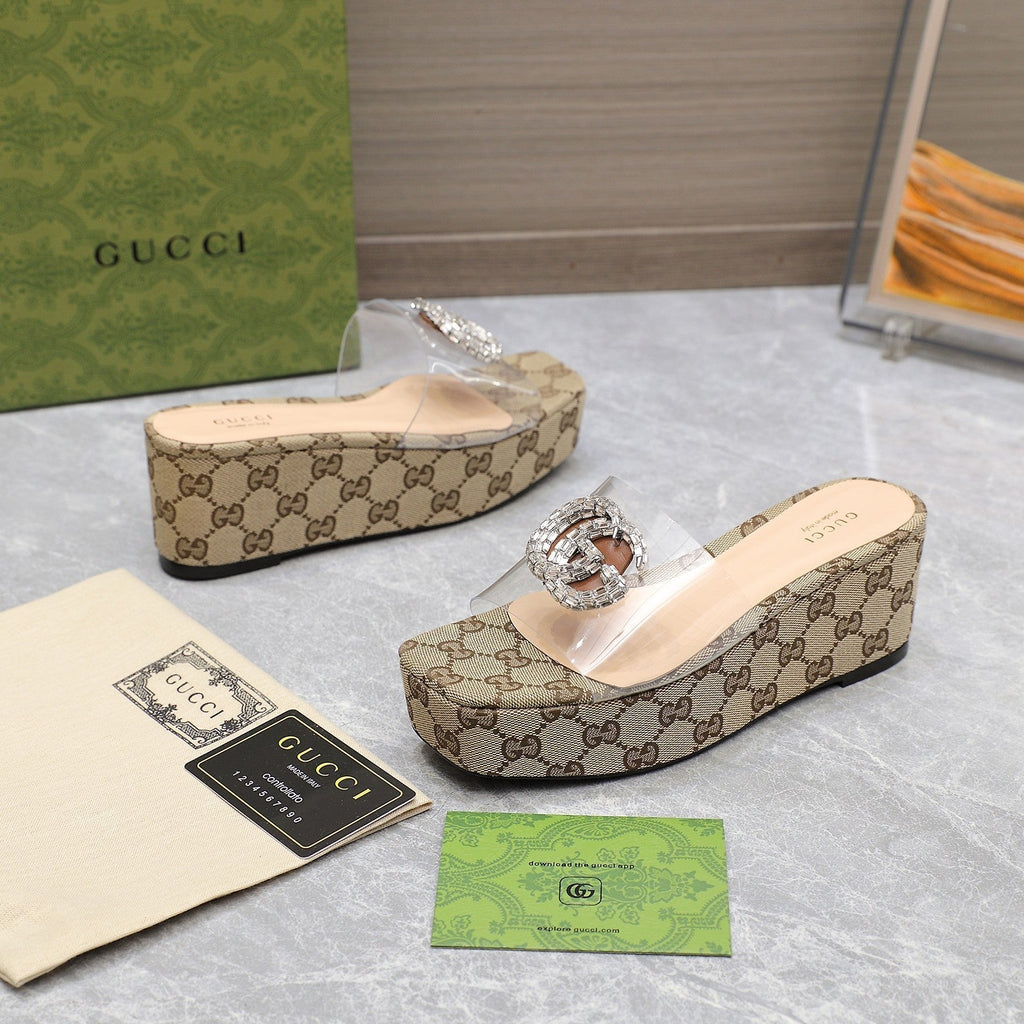 GUCCI HIGH WEDGE PLATFORM IN CAMEL BEIGE CANVAS WITH DOUBLE CRYSTAL G BUCKLE