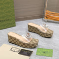 GUCCI HIGH WEDGE PLATFORM IN CAMEL BEIGE CANVAS WITH DOUBLE CRYSTAL G BUCKLE
