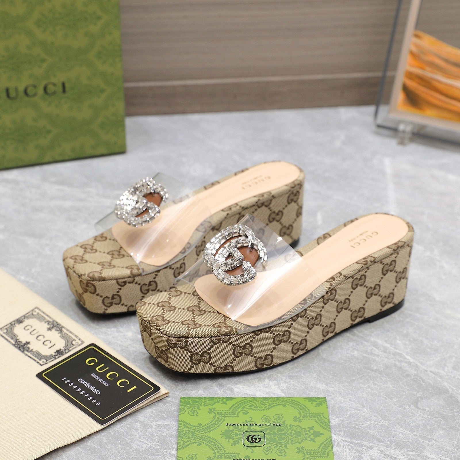 GUCCI HIGH WEDGE PLATFORM IN CAMEL BEIGE CANVAS WITH DOUBLE CRYSTAL G BUCKLE