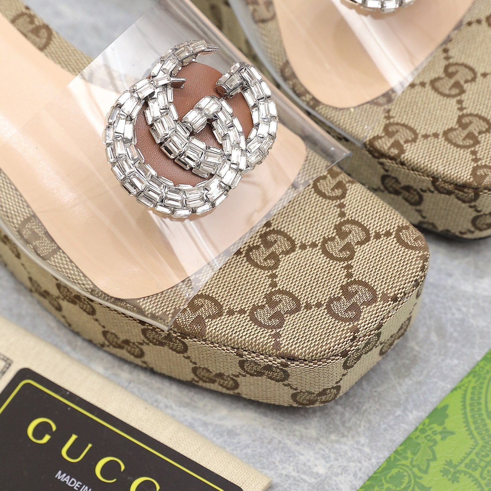 GUCCI HIGH WEDGE PLATFORM IN CAMEL BEIGE CANVAS WITH DOUBLE CRYSTAL G BUCKLE