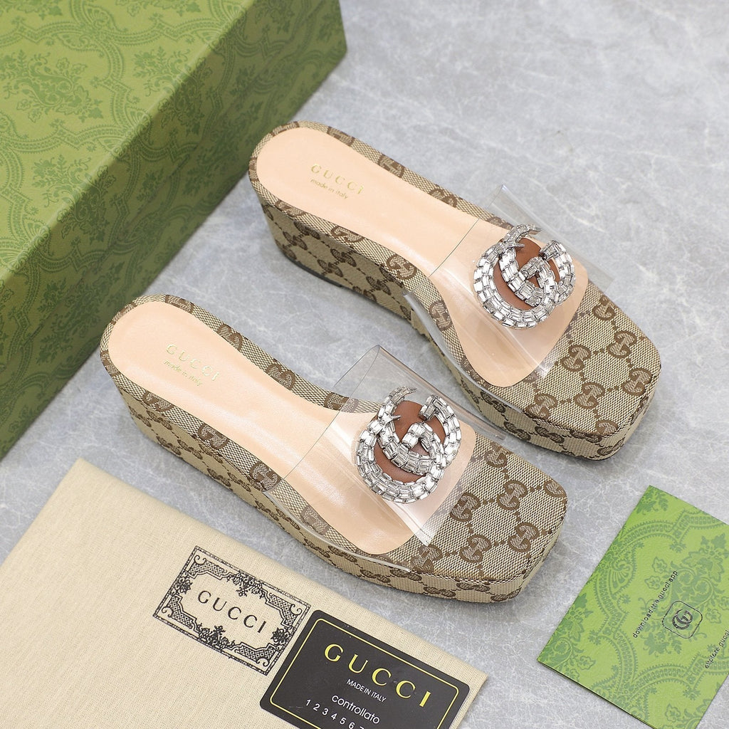GUCCI HIGH WEDGE PLATFORM IN CAMEL BEIGE CANVAS WITH DOUBLE CRYSTAL G BUCKLE