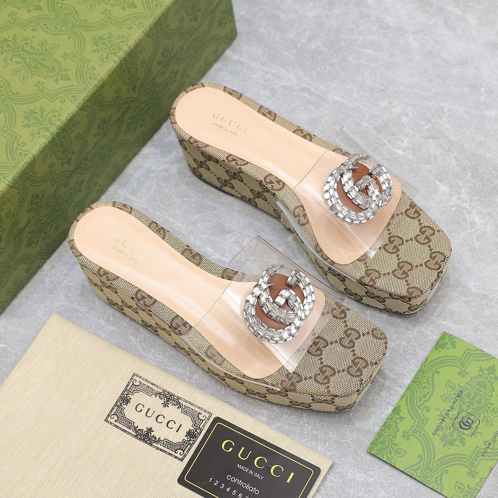 GUCCI HIGH WEDGE PLATFORM IN CAMEL BEIGE CANVAS WITH DOUBLE CRYSTAL G BUCKLE