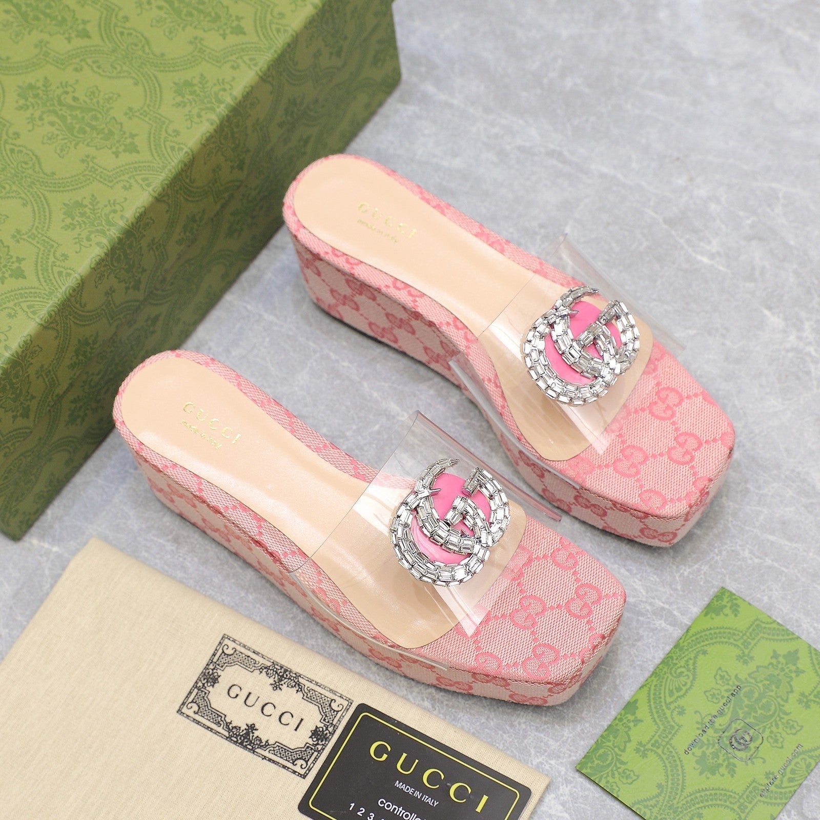 GUCCI HIGH WEDGE PLATFORM IN LIGHT PINK CANVAS WITH DOUBLE CRYSTAL G BUCKLE