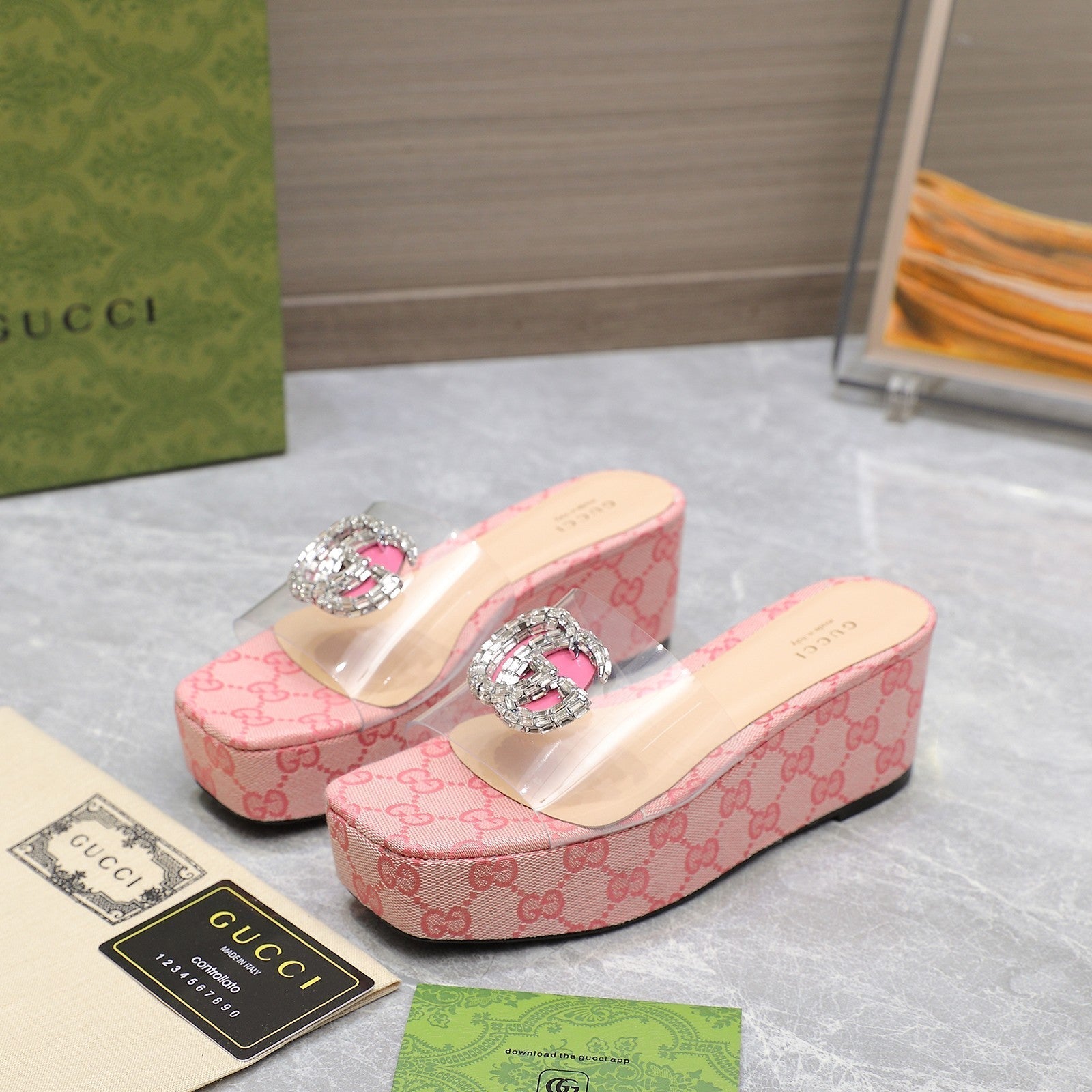 GUCCI HIGH WEDGE PLATFORM IN LIGHT PINK CANVAS WITH DOUBLE CRYSTAL G BUCKLE