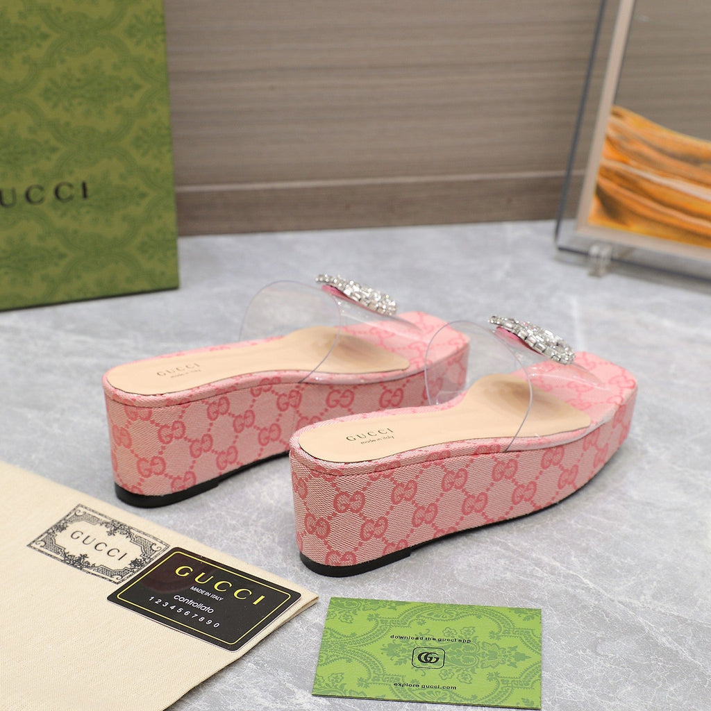 GUCCI HIGH WEDGE PLATFORM IN LIGHT PINK CANVAS WITH DOUBLE CRYSTAL G BUCKLE