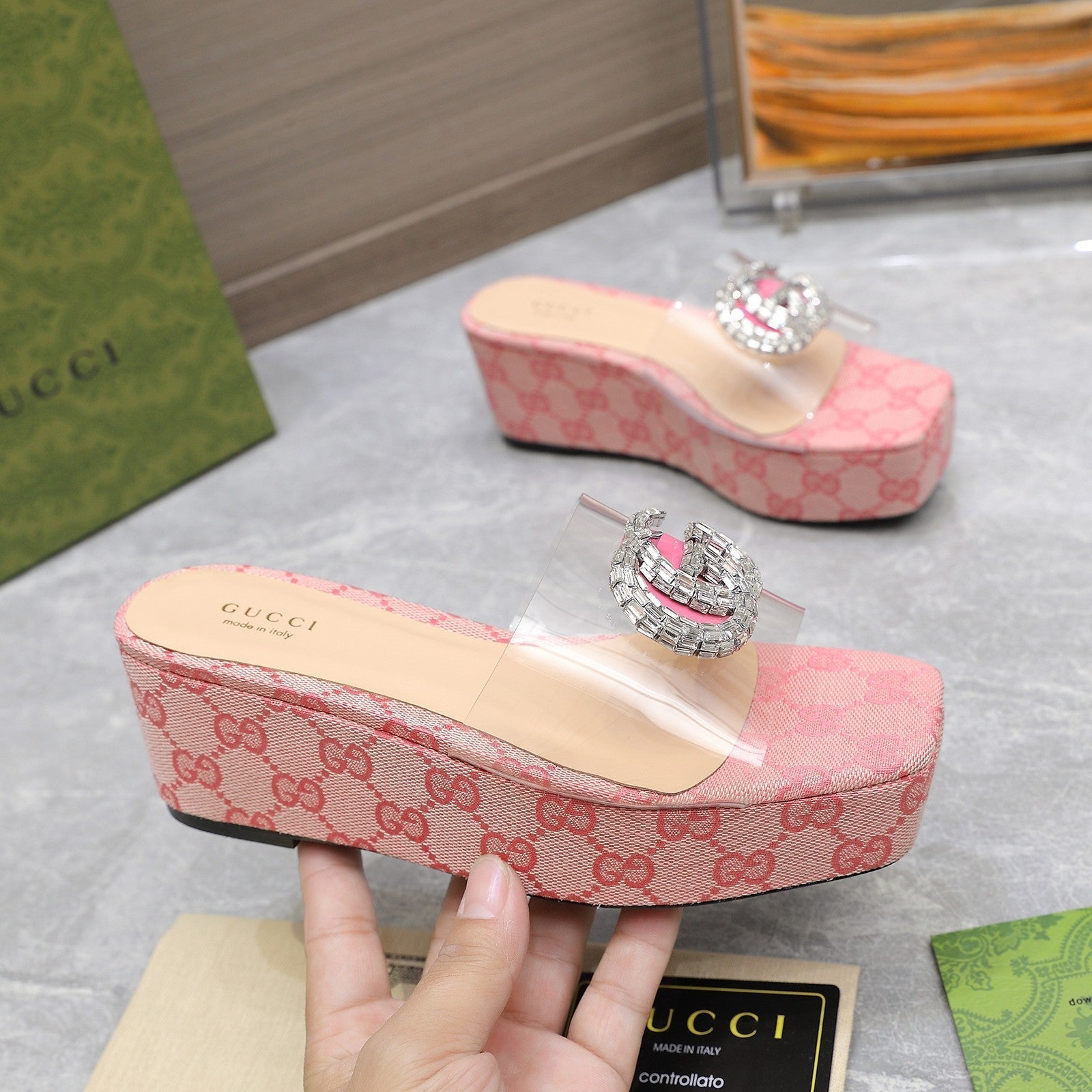 GUCCI HIGH WEDGE PLATFORM IN LIGHT PINK CANVAS WITH DOUBLE CRYSTAL G BUCKLE