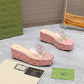 GUCCI HIGH WEDGE PLATFORM IN LIGHT PINK CANVAS WITH DOUBLE CRYSTAL G BUCKLE