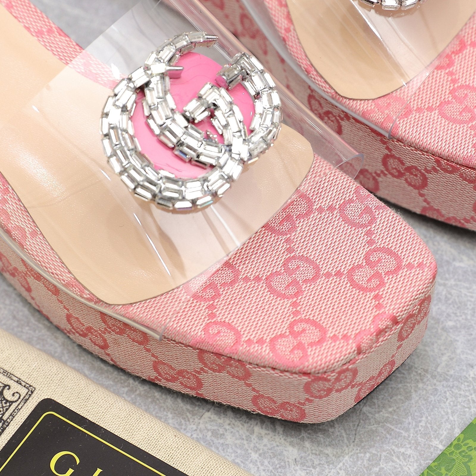 GUCCI HIGH WEDGE PLATFORM IN LIGHT PINK CANVAS WITH DOUBLE CRYSTAL G BUCKLE