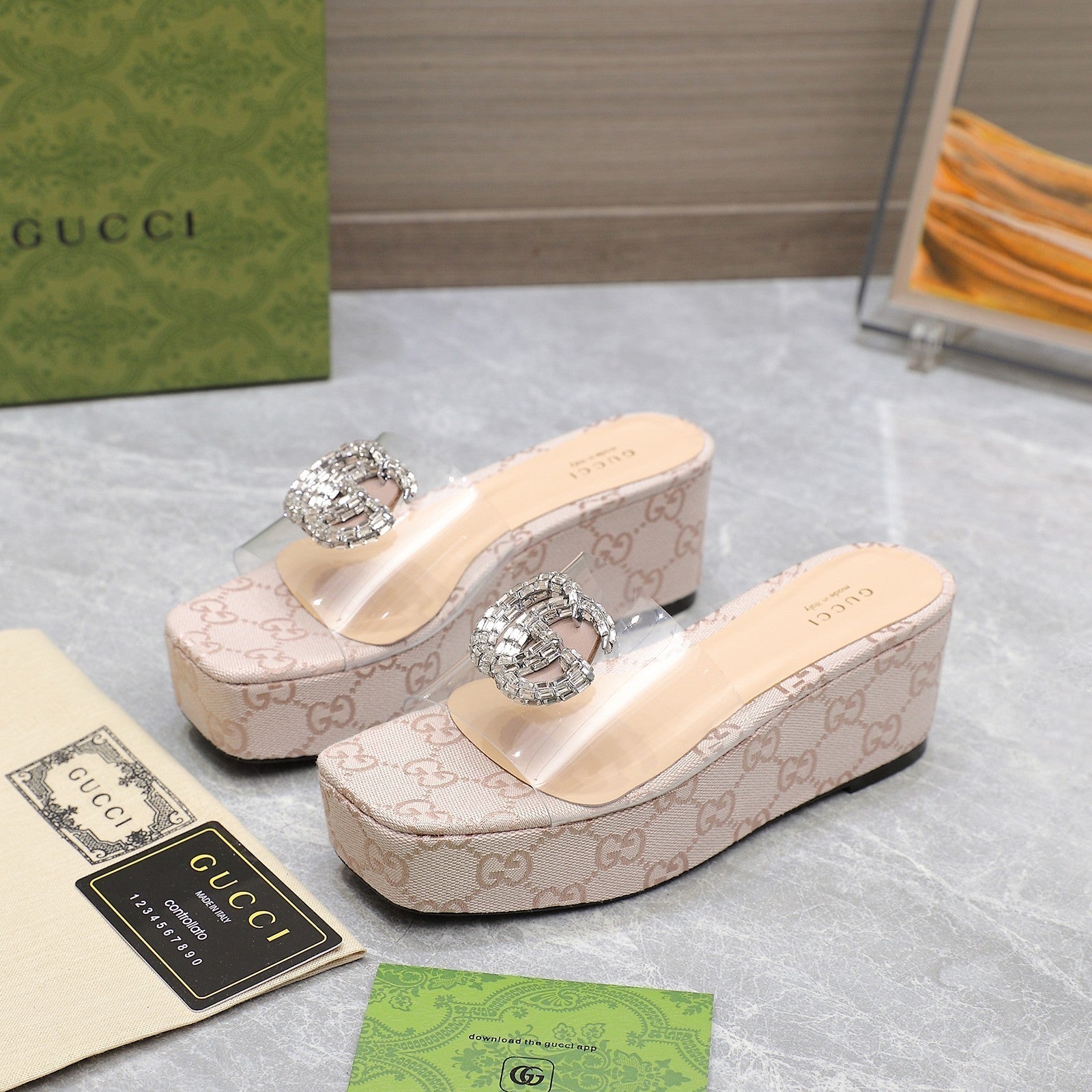 GUCCI HIGH WEDGE PLATFORM IN ALMOND BEIGE CANVAS WITH DOUBLE CRYSTAL G BUCKLE