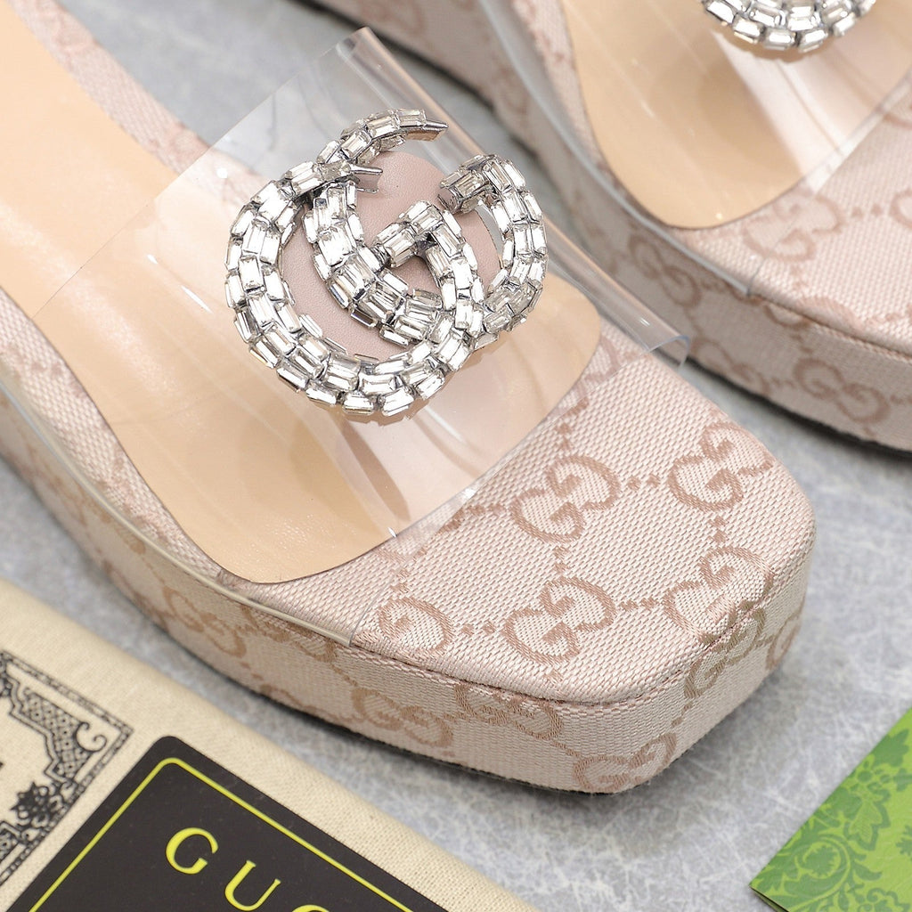 GUCCI HIGH WEDGE PLATFORM IN ALMOND BEIGE CANVAS WITH DOUBLE CRYSTAL G BUCKLE