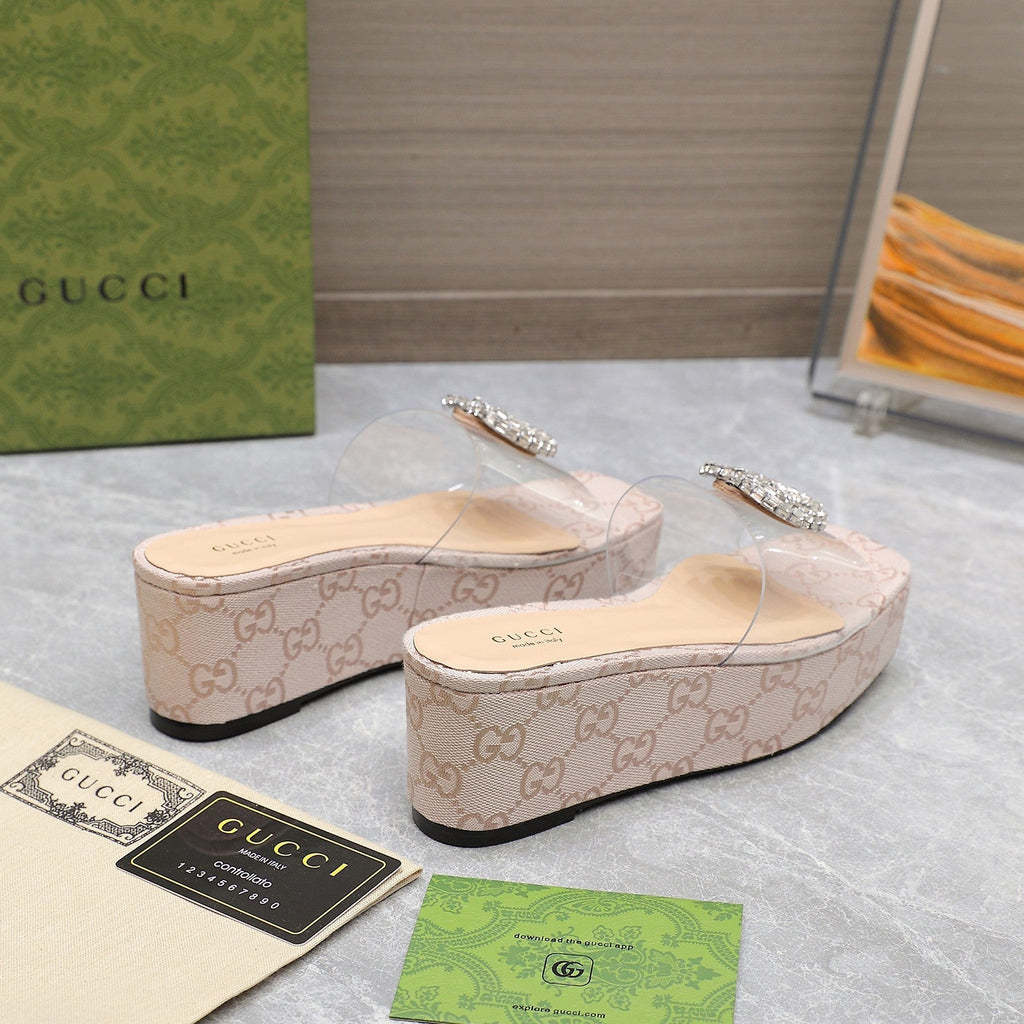 GUCCI HIGH WEDGE PLATFORM IN ALMOND BEIGE CANVAS WITH DOUBLE CRYSTAL G BUCKLE
