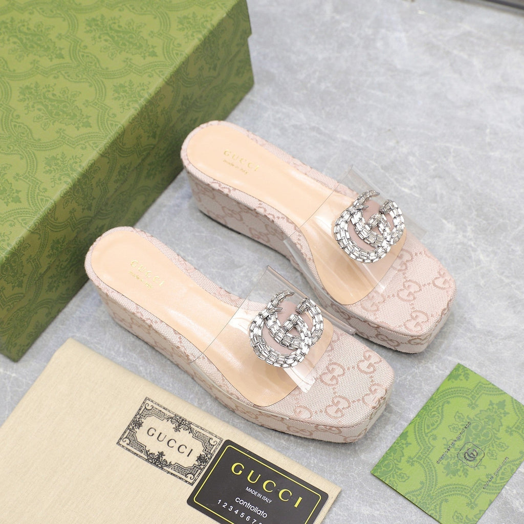 GUCCI HIGH WEDGE PLATFORM IN ALMOND BEIGE CANVAS WITH DOUBLE CRYSTAL G BUCKLE