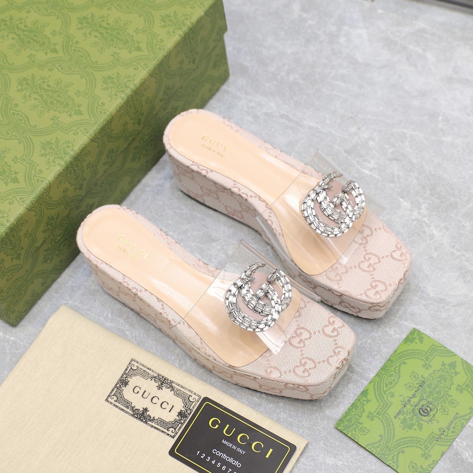 GUCCI HIGH WEDGE PLATFORM IN ALMOND BEIGE CANVAS WITH DOUBLE CRYSTAL G BUCKLE