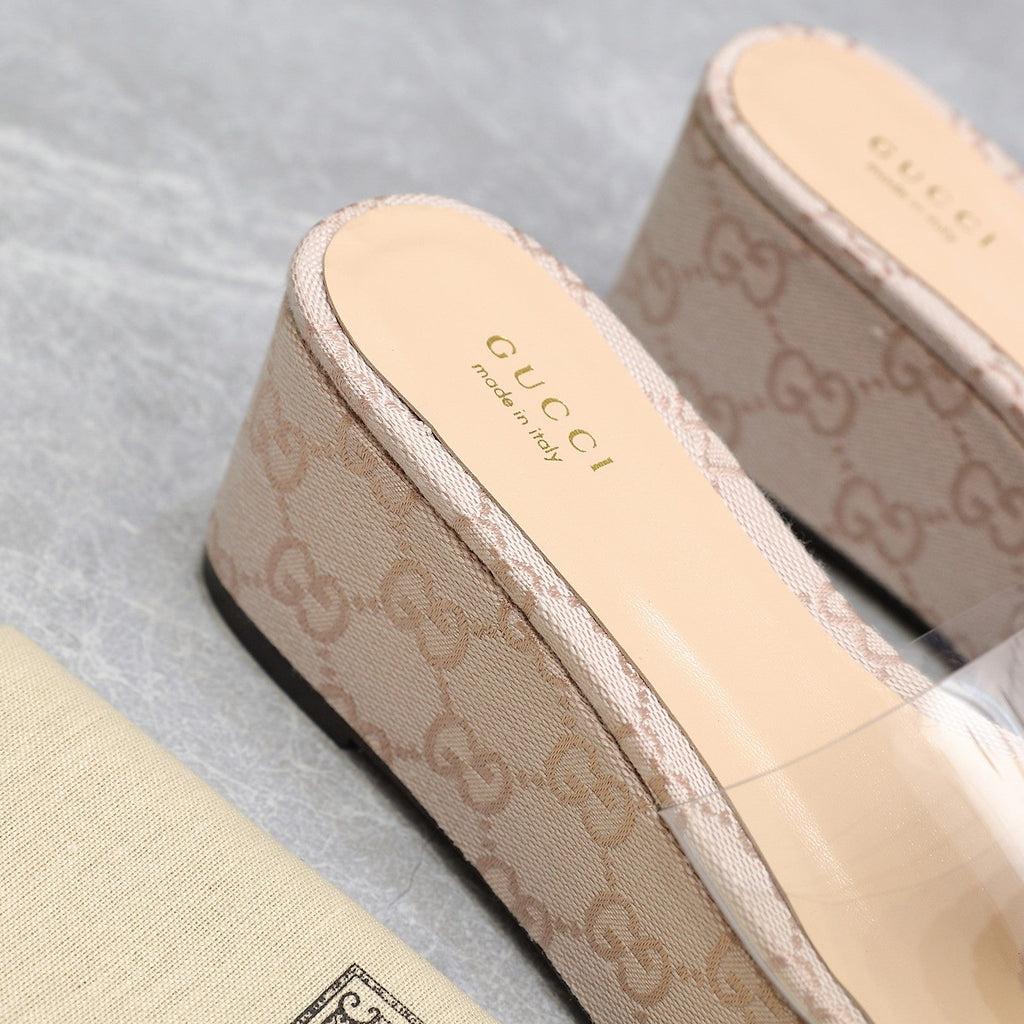 GUCCI HIGH WEDGE PLATFORM IN ALMOND BEIGE CANVAS WITH DOUBLE CRYSTAL G BUCKLE