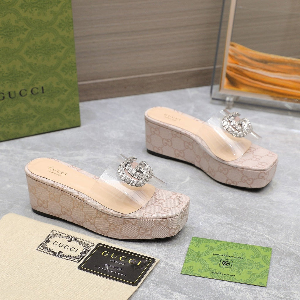 GUCCI HIGH WEDGE PLATFORM IN ALMOND BEIGE CANVAS WITH DOUBLE CRYSTAL G BUCKLE
