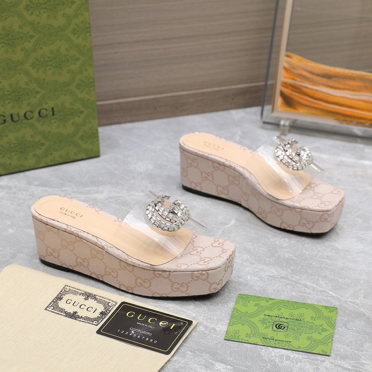 GUCCI HIGH WEDGE PLATFORM IN ALMOND BEIGE CANVAS WITH DOUBLE CRYSTAL G BUCKLE