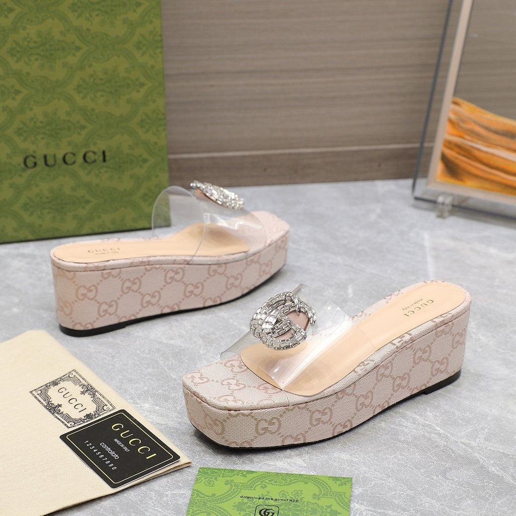 GUCCI HIGH WEDGE PLATFORM IN ALMOND BEIGE CANVAS WITH DOUBLE CRYSTAL G BUCKLE