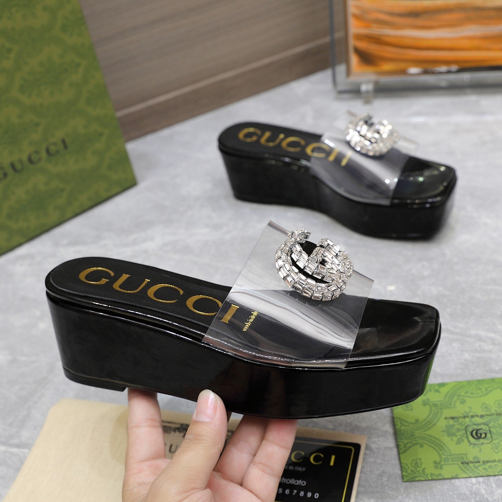GUCCI HIGH WEDGE PLATFORM IN BLACK GLOSSY CALFSKIN WITH DOUBLE CRYSTAL G BUCKLE