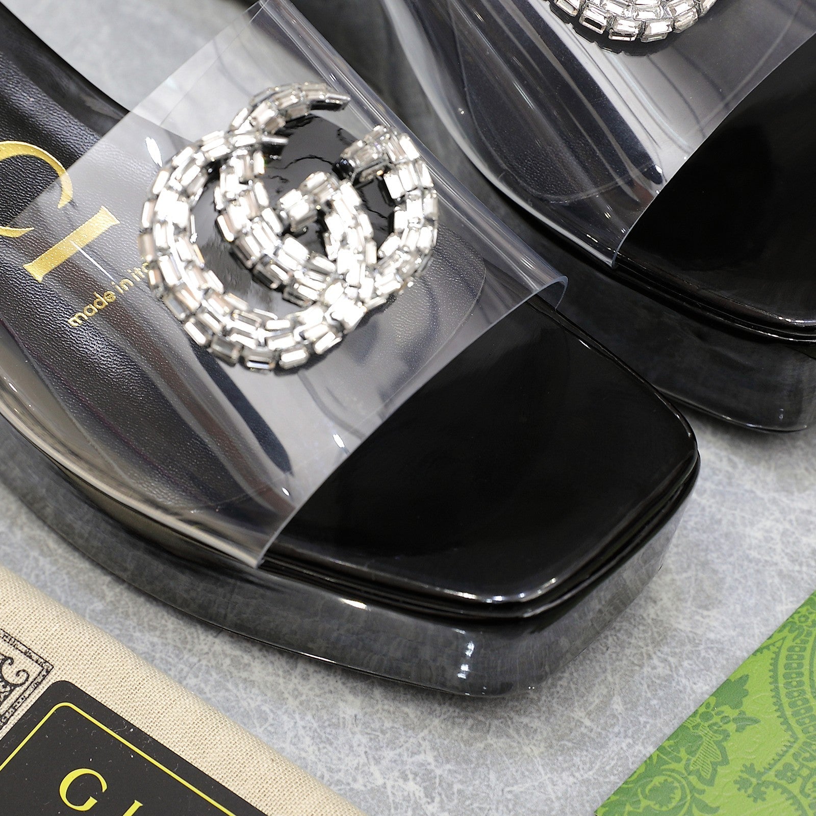 GUCCI HIGH WEDGE PLATFORM IN BLACK GLOSSY CALFSKIN WITH DOUBLE CRYSTAL G BUCKLE