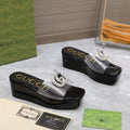 GUCCI HIGH WEDGE PLATFORM IN BLACK GLOSSY CALFSKIN WITH DOUBLE CRYSTAL G BUCKLE