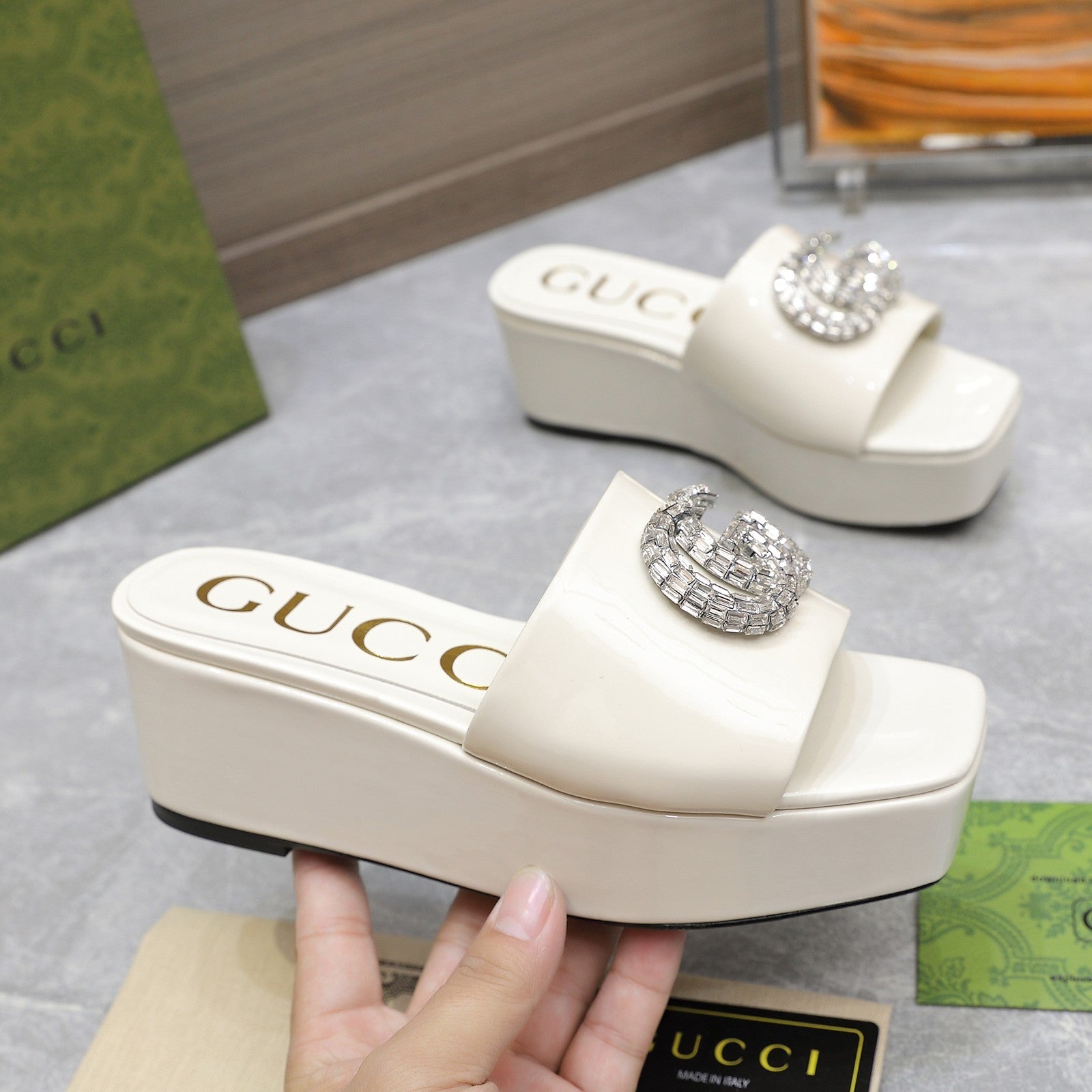 GUCCI HIGH WEDGE PLATFORM WITH DOUBLE G IN WHITE GLOSSY CALFSKIN