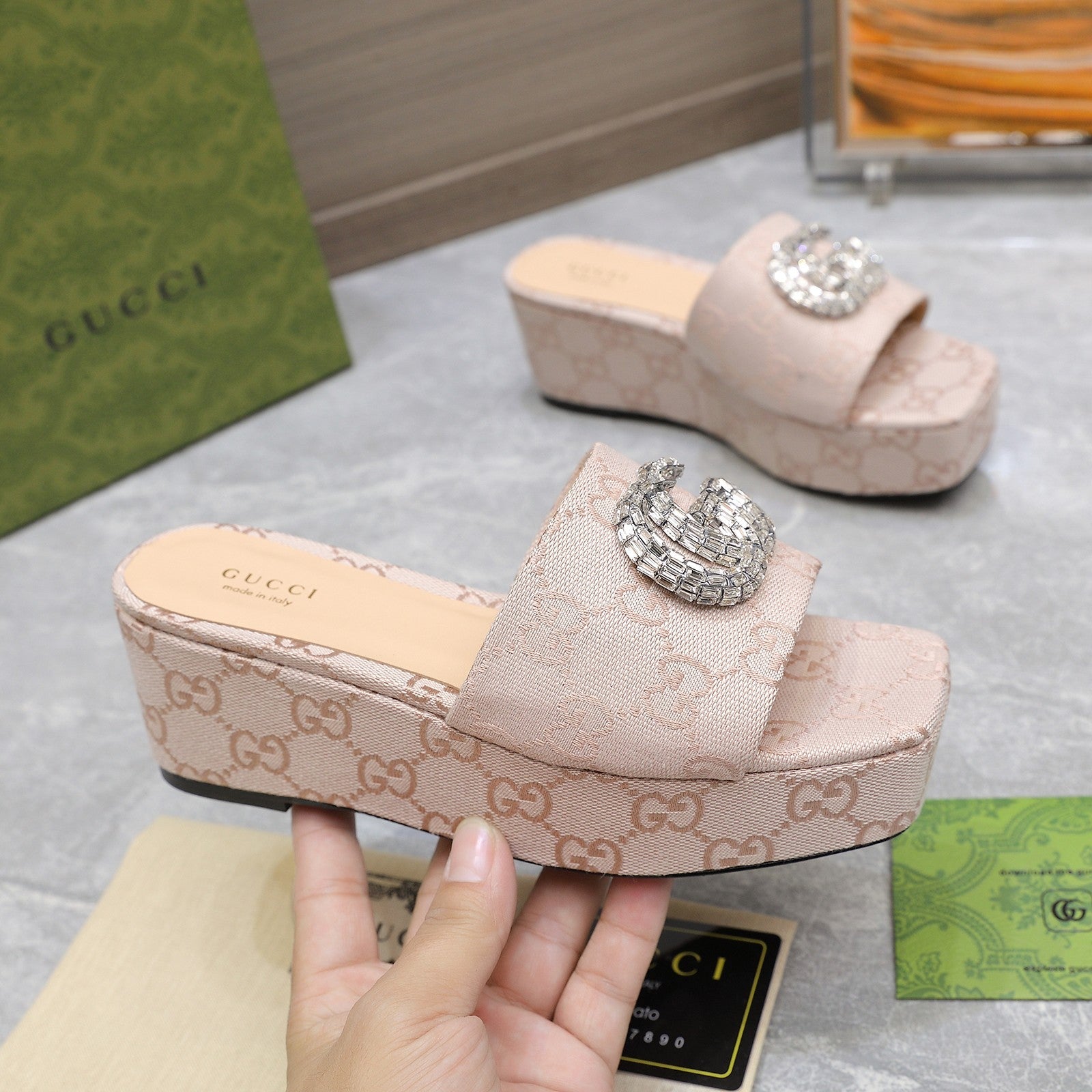 GUCCI HIGH WEDGE PLATFORM WITH DOUBLE G IN ALMOND BEIGE CANVAS