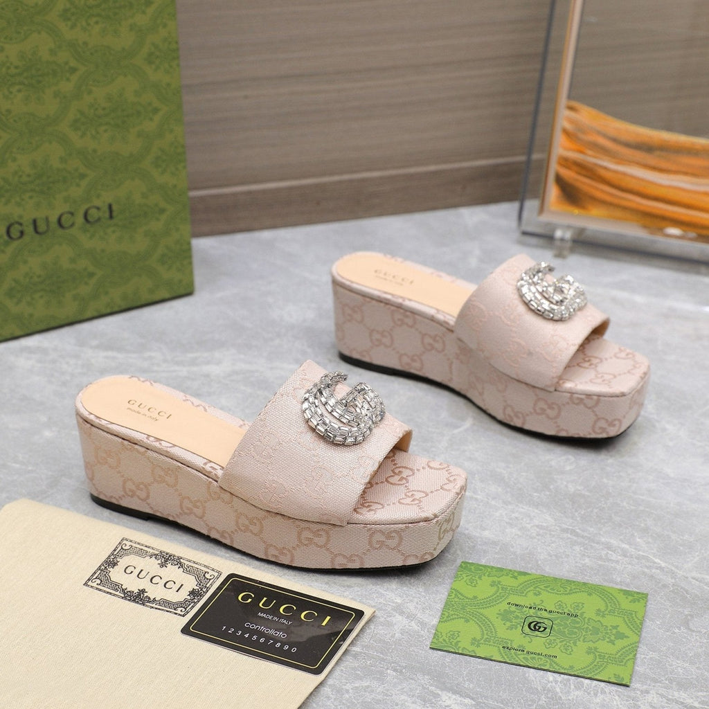 GUCCI HIGH WEDGE PLATFORM WITH DOUBLE G IN ALMOND BEIGE CANVAS