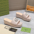 GUCCI HIGH WEDGE PLATFORM WITH DOUBLE G IN ALMOND BEIGE CANVAS