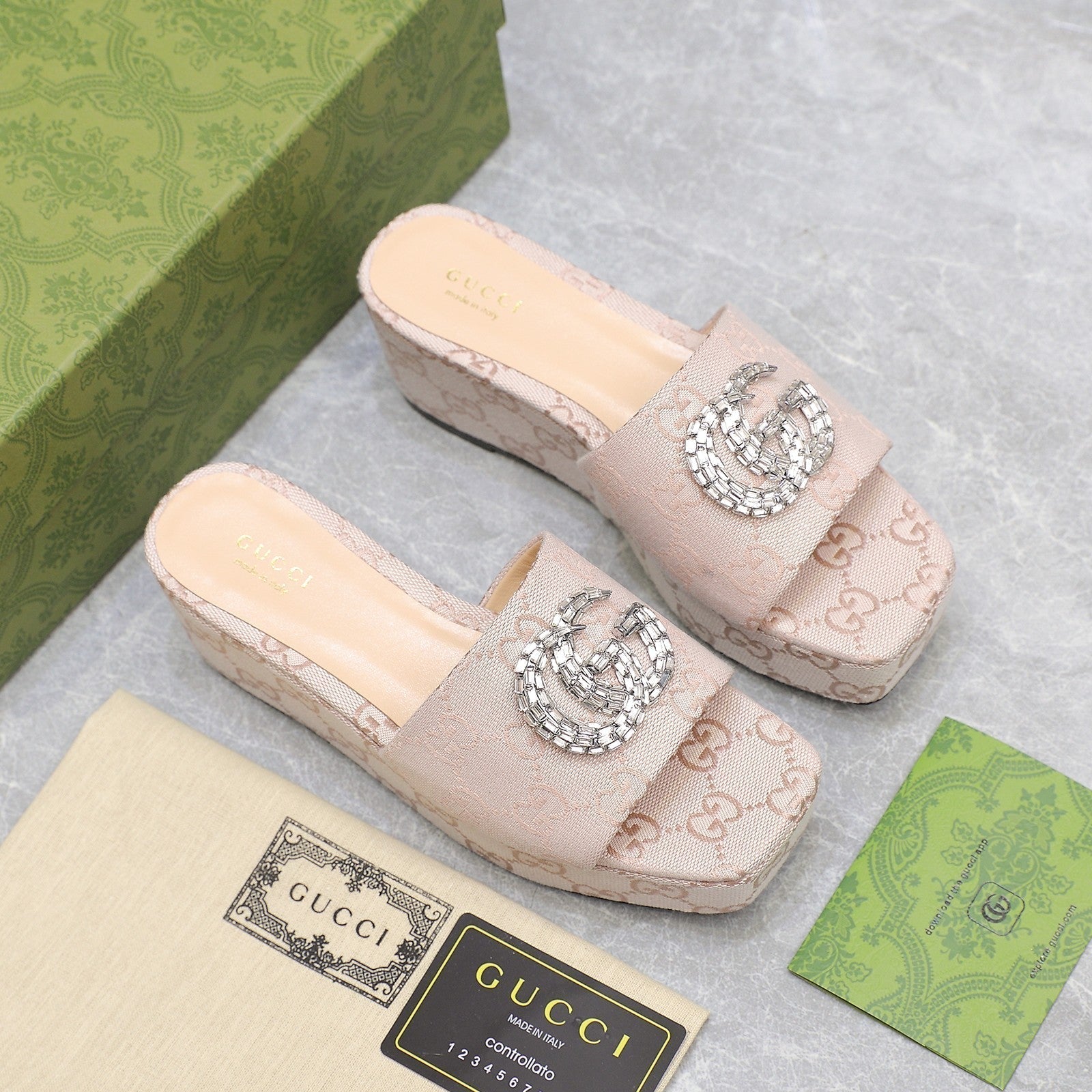GUCCI HIGH WEDGE PLATFORM WITH DOUBLE G IN ALMOND BEIGE CANVAS