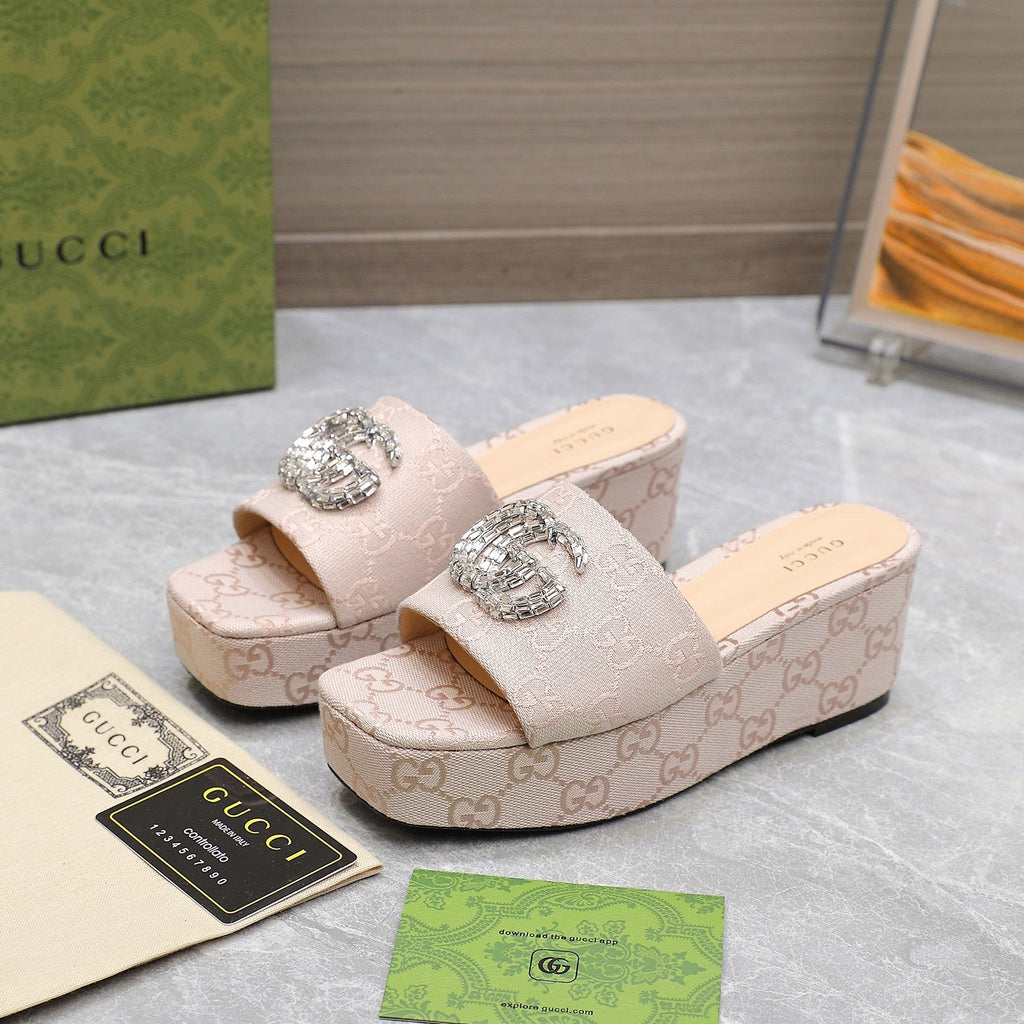 GUCCI HIGH WEDGE PLATFORM WITH DOUBLE G IN ALMOND BEIGE CANVAS