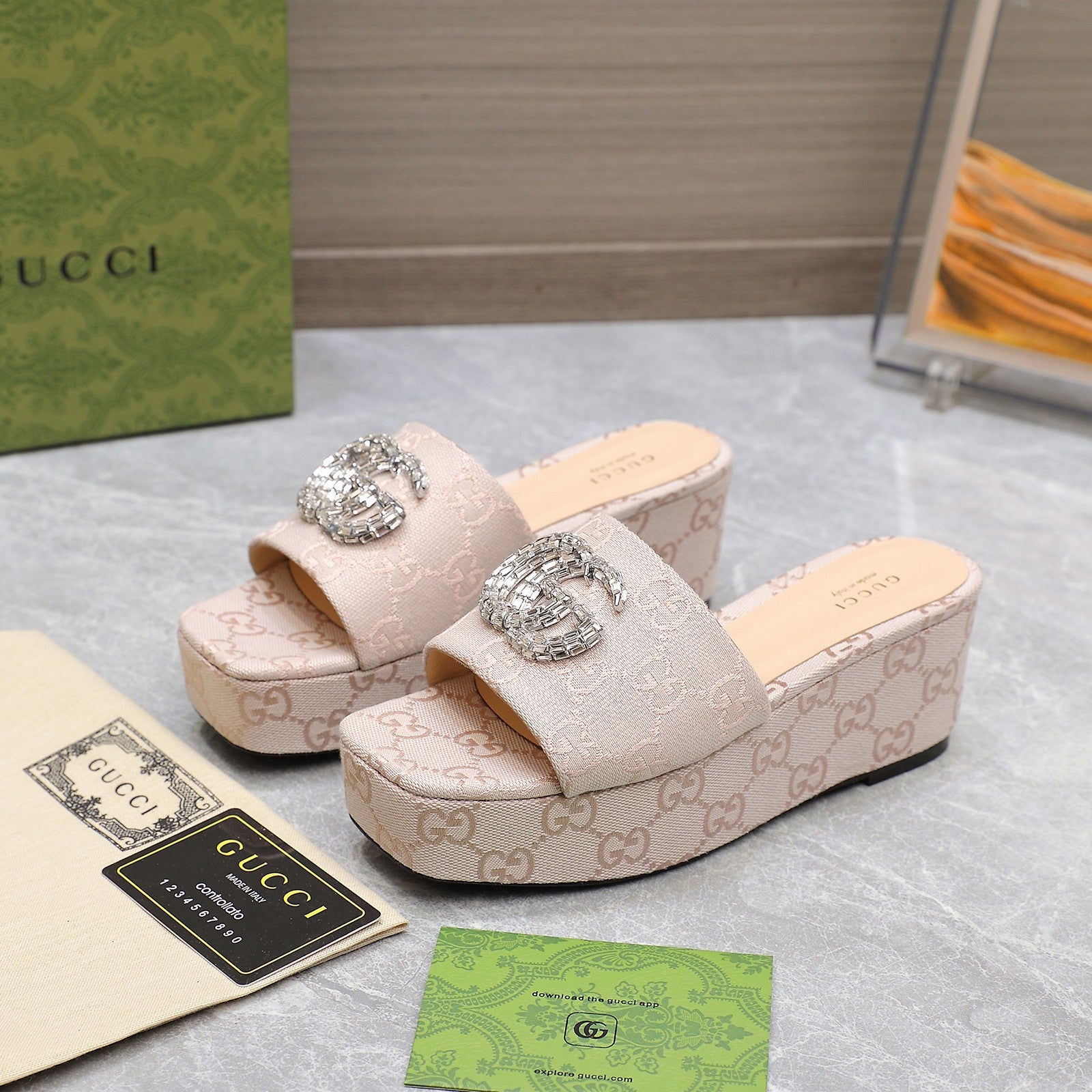 GUCCI HIGH WEDGE PLATFORM WITH DOUBLE G IN ALMOND BEIGE CANVAS