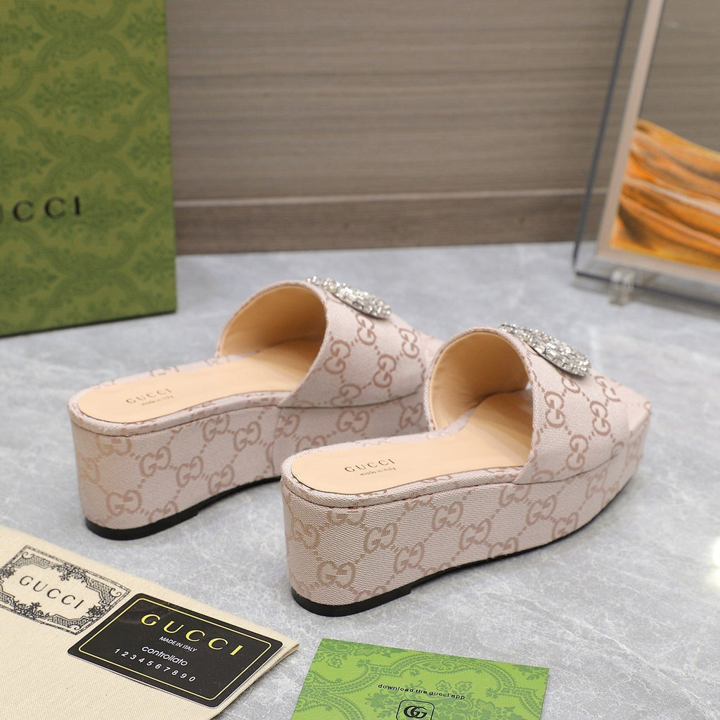 GUCCI HIGH WEDGE PLATFORM WITH DOUBLE G IN ALMOND BEIGE CANVAS