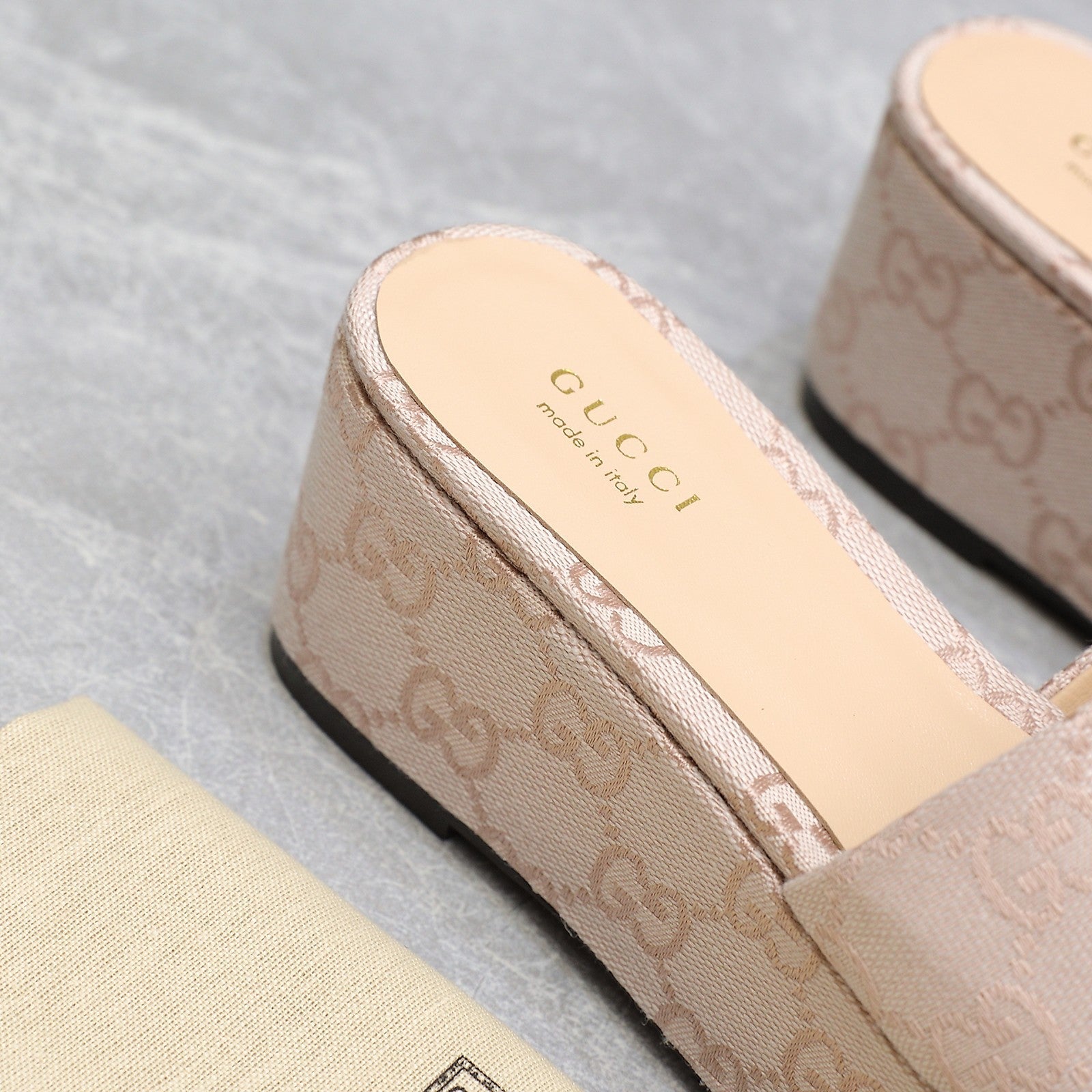 GUCCI HIGH WEDGE PLATFORM WITH DOUBLE G IN ALMOND BEIGE CANVAS