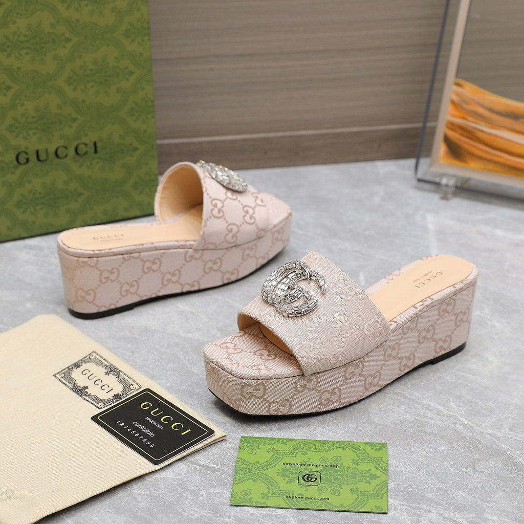 GUCCI HIGH WEDGE PLATFORM WITH DOUBLE G IN ALMOND BEIGE CANVAS