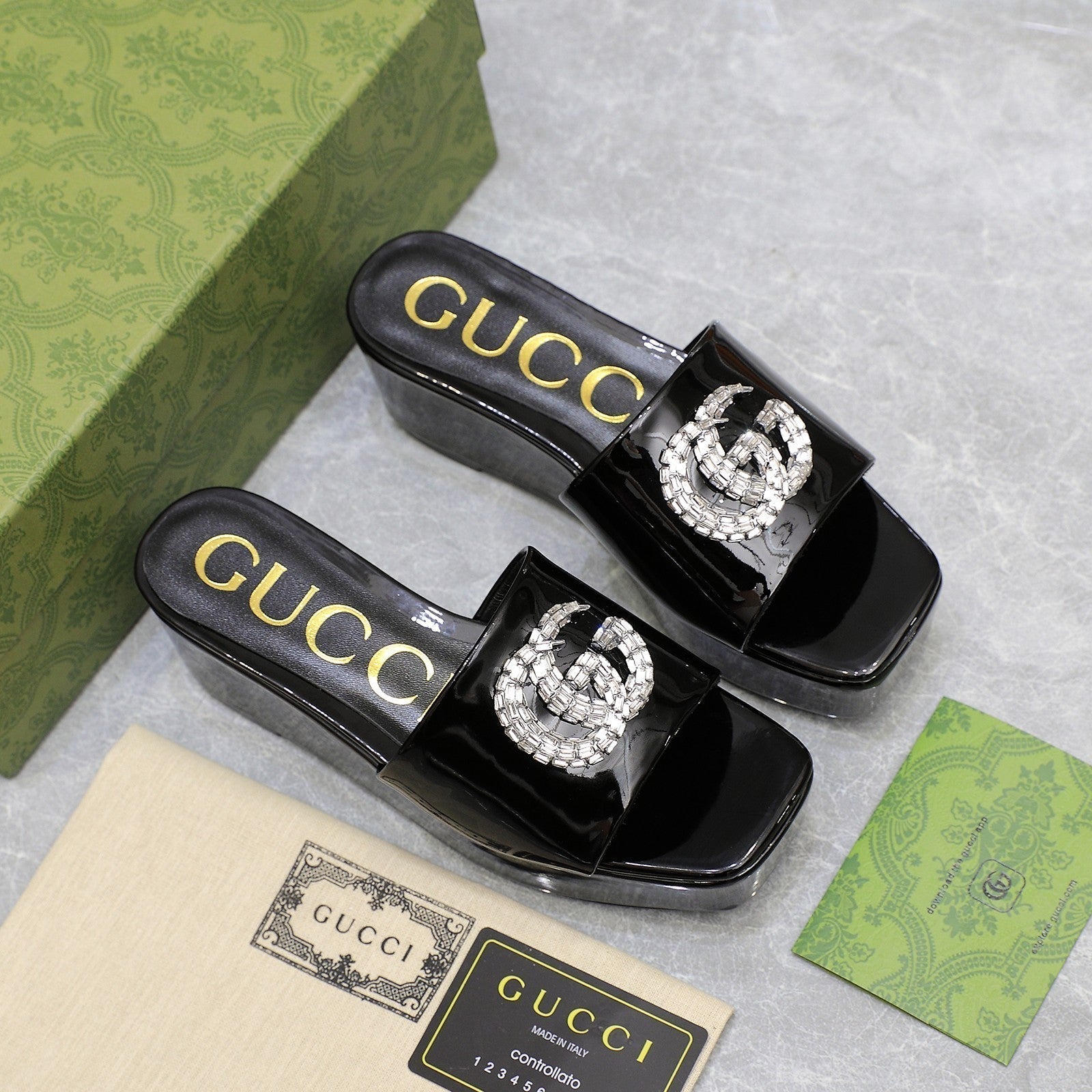 GUCCI HIGH WEDGE PLATFORM WITH DOUBLE G IN BLACK GLOSSY CALFSKIN