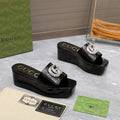 GUCCI HIGH WEDGE PLATFORM WITH DOUBLE G IN BLACK GLOSSY CALFSKIN