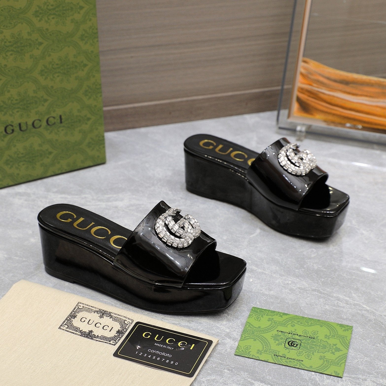GUCCI HIGH WEDGE PLATFORM WITH DOUBLE G IN BLACK GLOSSY CALFSKIN