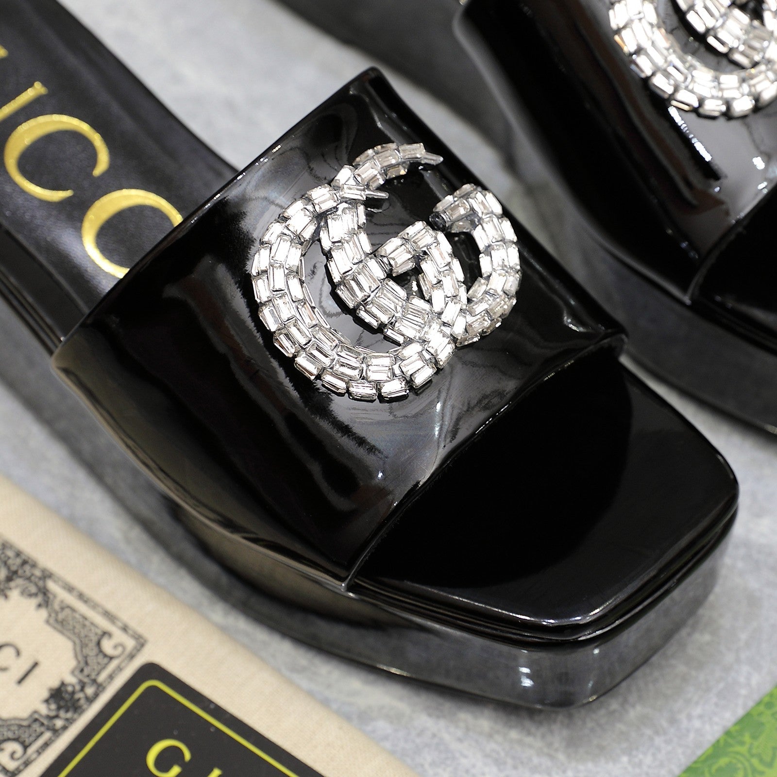 GUCCI HIGH WEDGE PLATFORM WITH DOUBLE G IN BLACK GLOSSY CALFSKIN